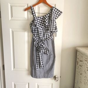 NEW Calvin Klein 2 Dress Black White Ruffle Waist Tie